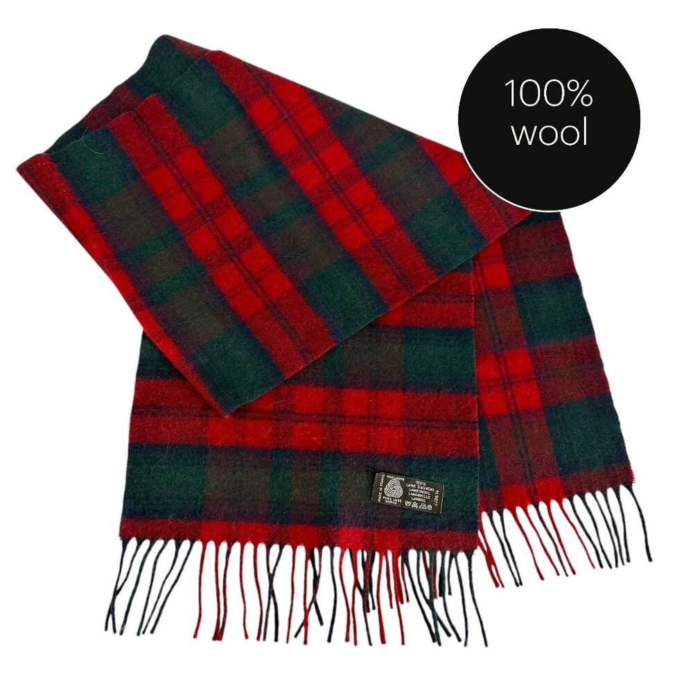 WOOLMARK Certified Red Green Plaid 100% Wool Scarf Classic Fringe size m